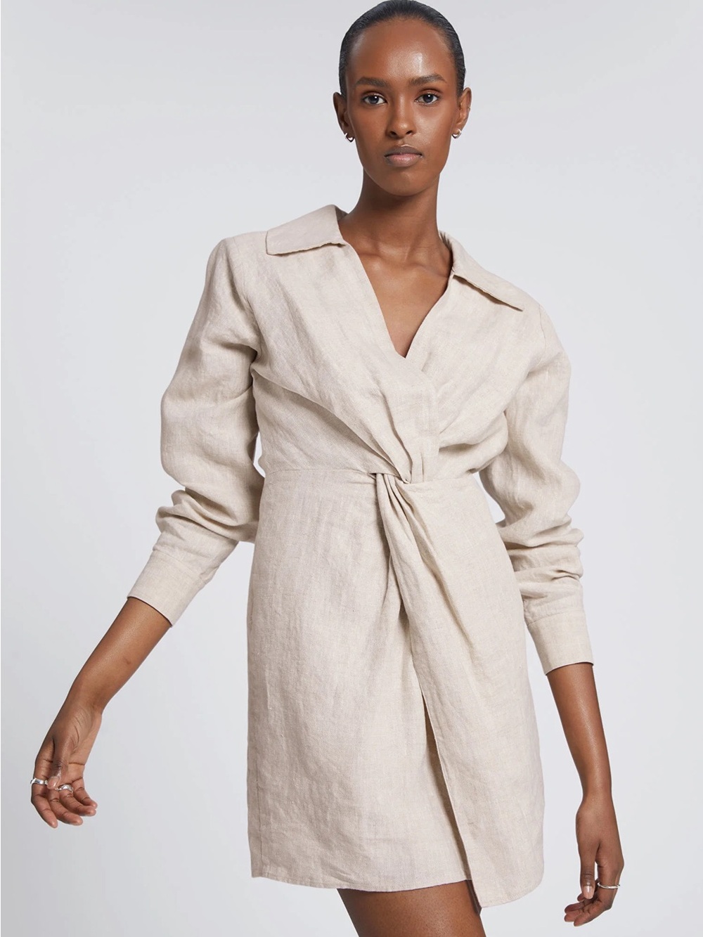 & Other Stories Beige Twist-Front Long-Sleeve Linen Dress